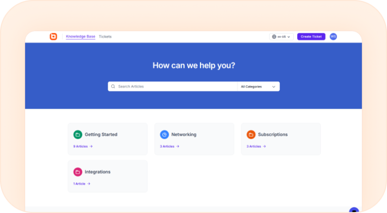 Self-service knowledge base with searchable help articles and categories.