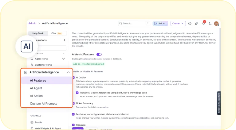 AI-powered support settings with copilot, AI agent, and automation options.