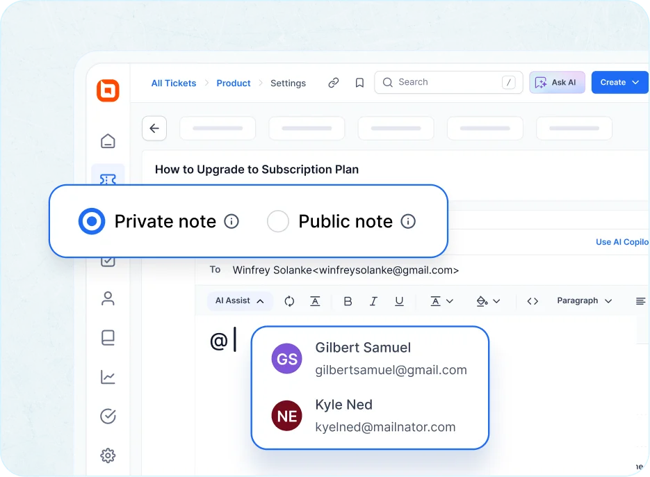 Ticketing system with private notes, public replies, and agent collaboration features.