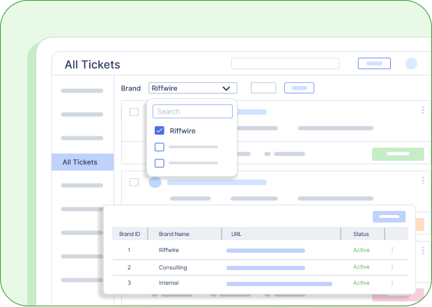 Multi-brand help desk with ticket filtering and brand management.