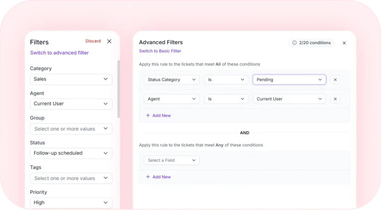 Advanced ticket filters for managing and tracking support requests.