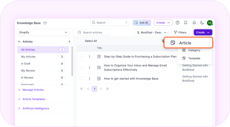 Create and manage knowledge base articles for self-service support.