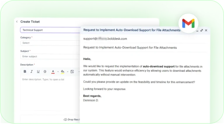 Ticket creation form with email request converted into a support ticket.