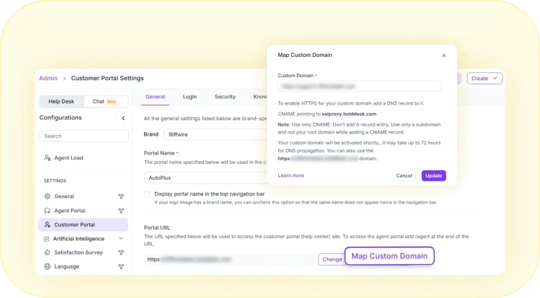 Customize your self-help portal with branding and a custom domain in BoldDesk.
