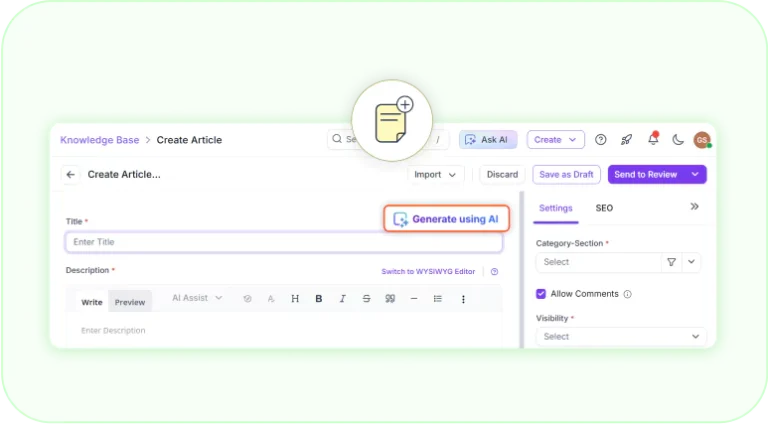 AI-assisted knowledge base article creation page.