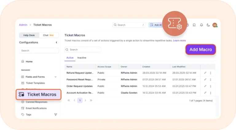 Ticket macros page for managing automated ticket actions.