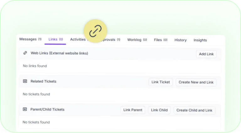 Ticket linking options for related and parent-child tickets.