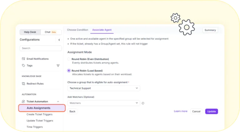 Auto-assignment settings panel for routing tickets to support agents.