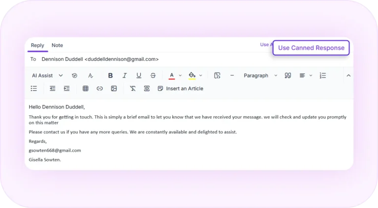 Canned response inserted into a customer support email reply.