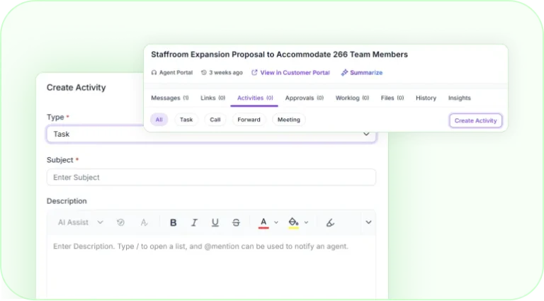 Ticket activities tab with task creation form.
