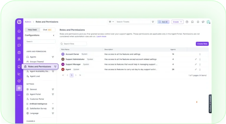 Roles and permissions dashboard for managing agent access.
