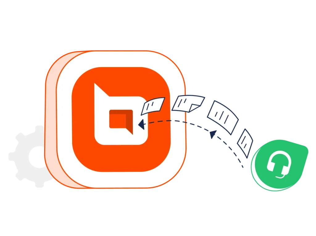Freshdesk alternative migration graphic shows documents moving to a green support chat headset icon for a data transfer flow.