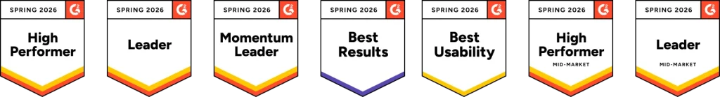 G2 Spring 2026 badges including High Performer, Leader, Momentum Leader, Best Results and Best Usability awards
