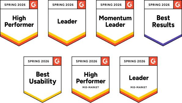 G2 Spring 2026 badges including High Performer, Leader, Momentum Leader, Best Results and Best Usability awards