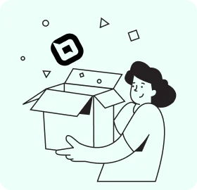 Illustration of person holding box with IT help desk ticketing system icons, app symbol and abstract shapes around