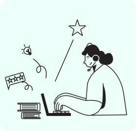 Illustration of person using laptop with IT help desk ticketing system workflow, notes, bugs and task icons around desk