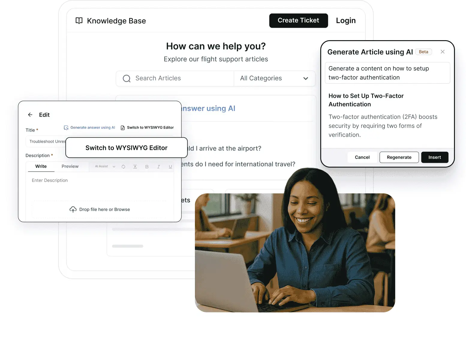 AI-powered knowledge base interface generates and edits support articles, with ticketing tools and content workflow.