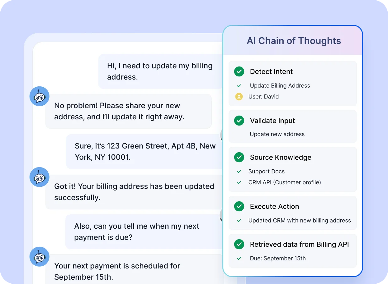 A screenshot of BoldDesk's AI agent retrieving verified knowledge before responding to a customer’s query.