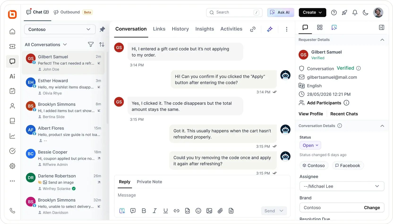 Customer support chat resolving a gift card code issue with conversation details and requester profile panel.