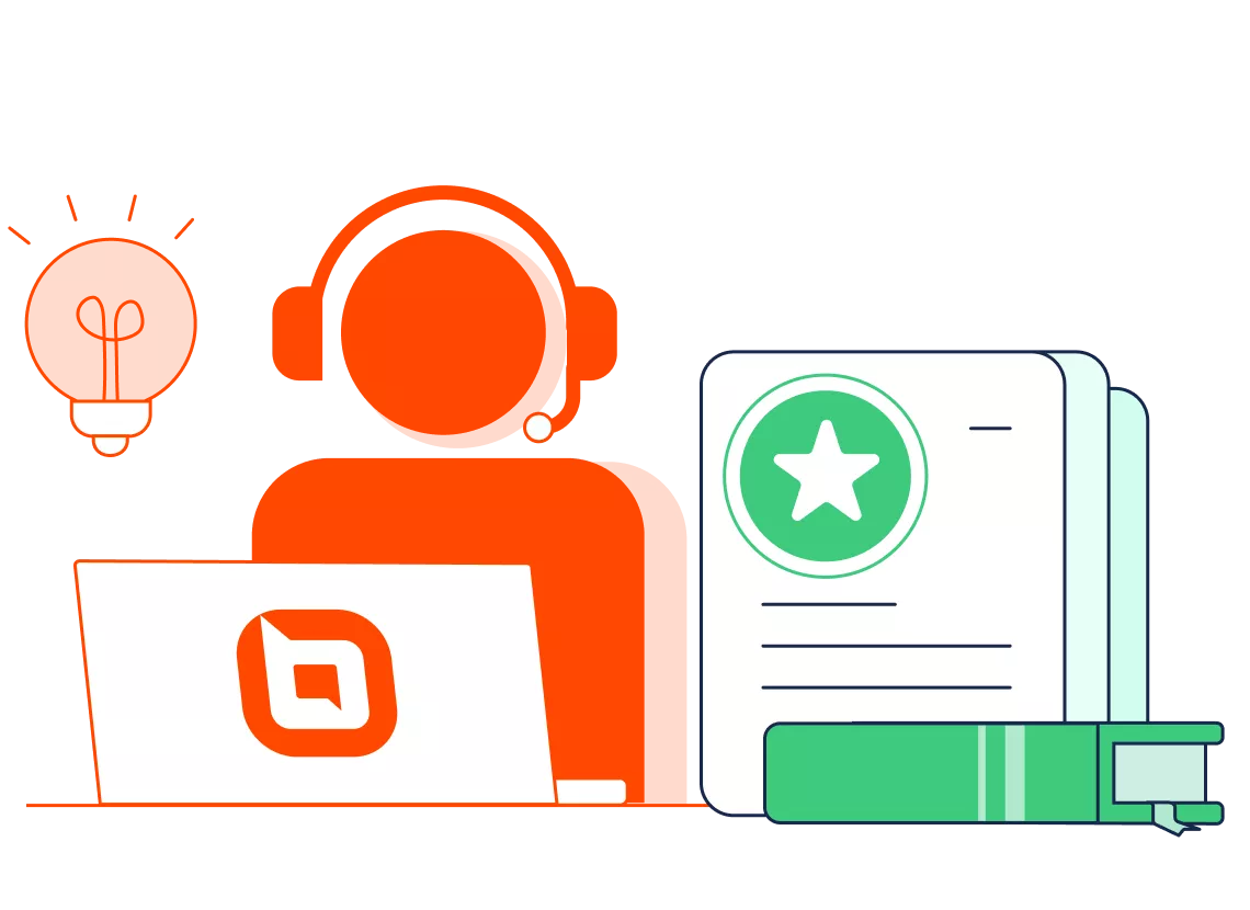 Orange figure with headset at laptop for tech support. A lightbulb and starred documents highlight ideas and expertise.