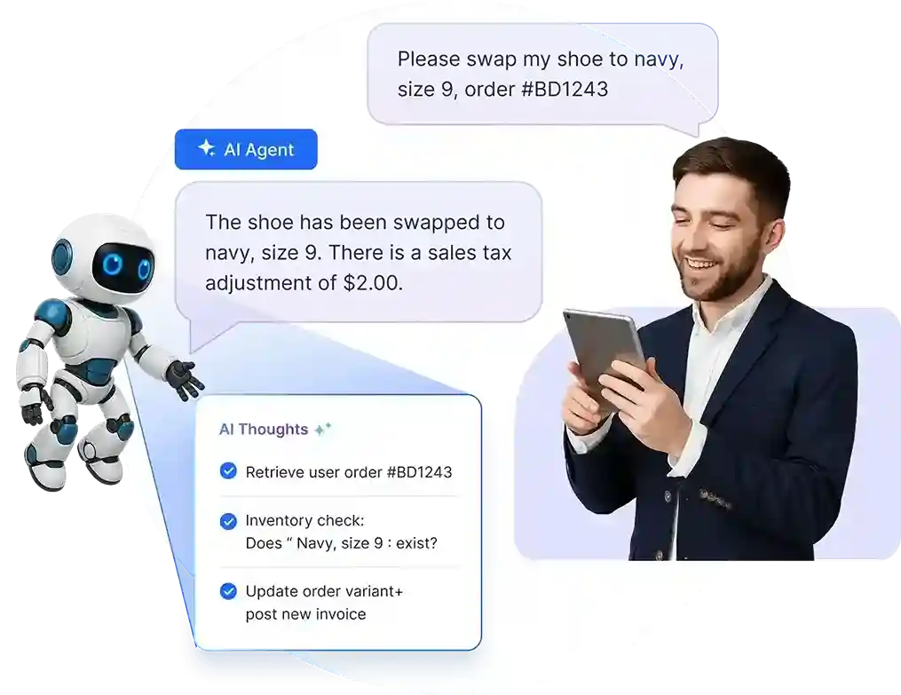 AI agent updates a customer order, checks inventory availability, and confirms changes automatically