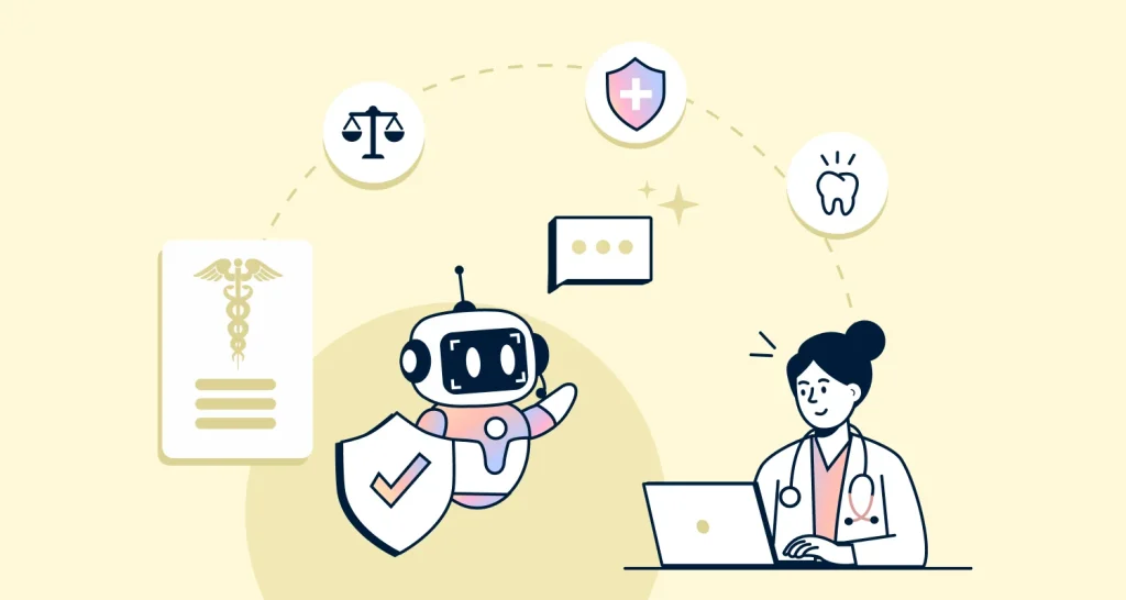 AI customer service in healthcare assistant supporting a clinician with secure patient communication, compliance, and medical guidance.