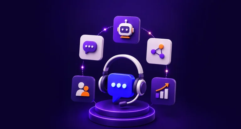 3D AI customer support chatbot with headset, messaging, analytics, automation, and user management icons displayed