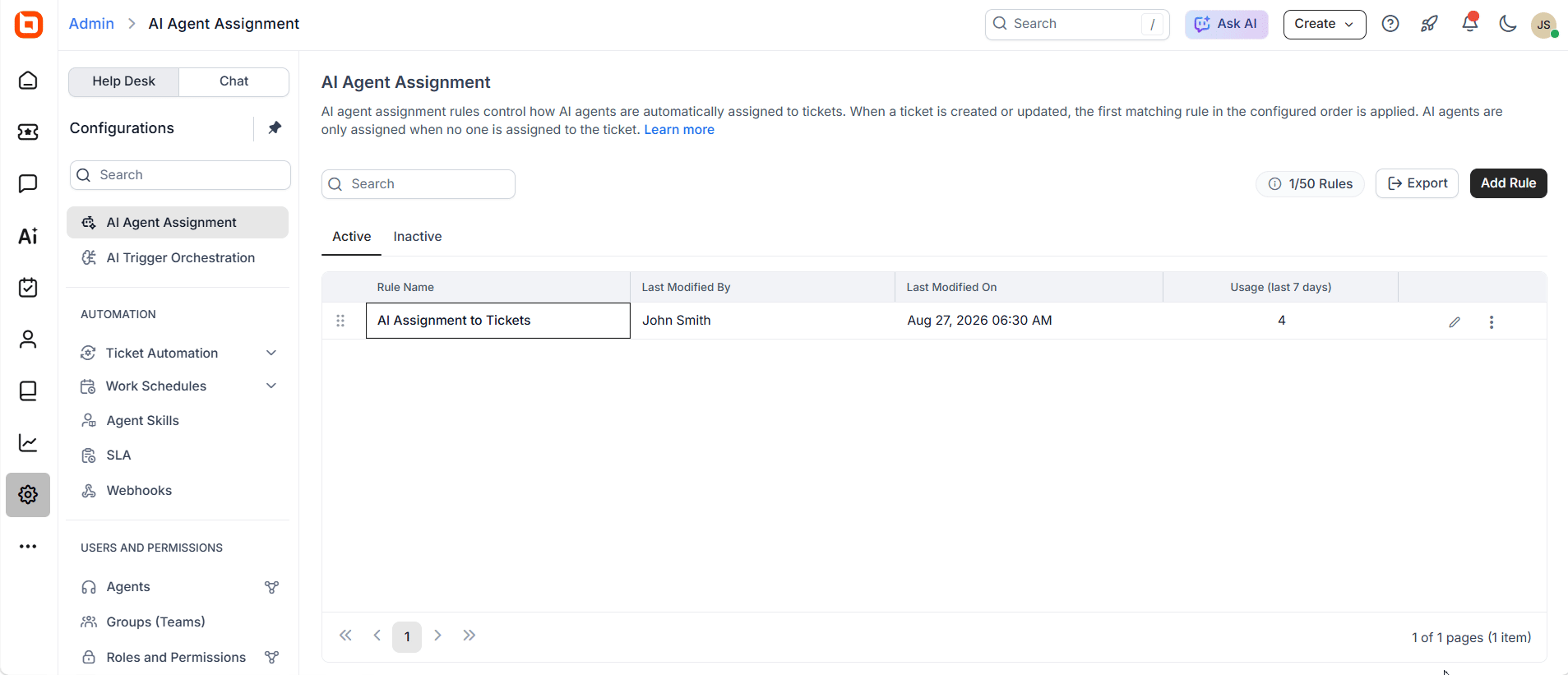 AI Agent Assignment settings showing event and condition rules used to automatically assign AI Agents to support tickets.