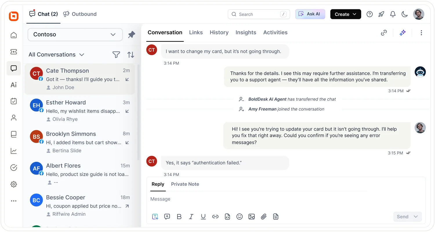 BoldDesk chat showing an AI Agent handing off a customer conversation to a human support agent with prior conversation context visible.