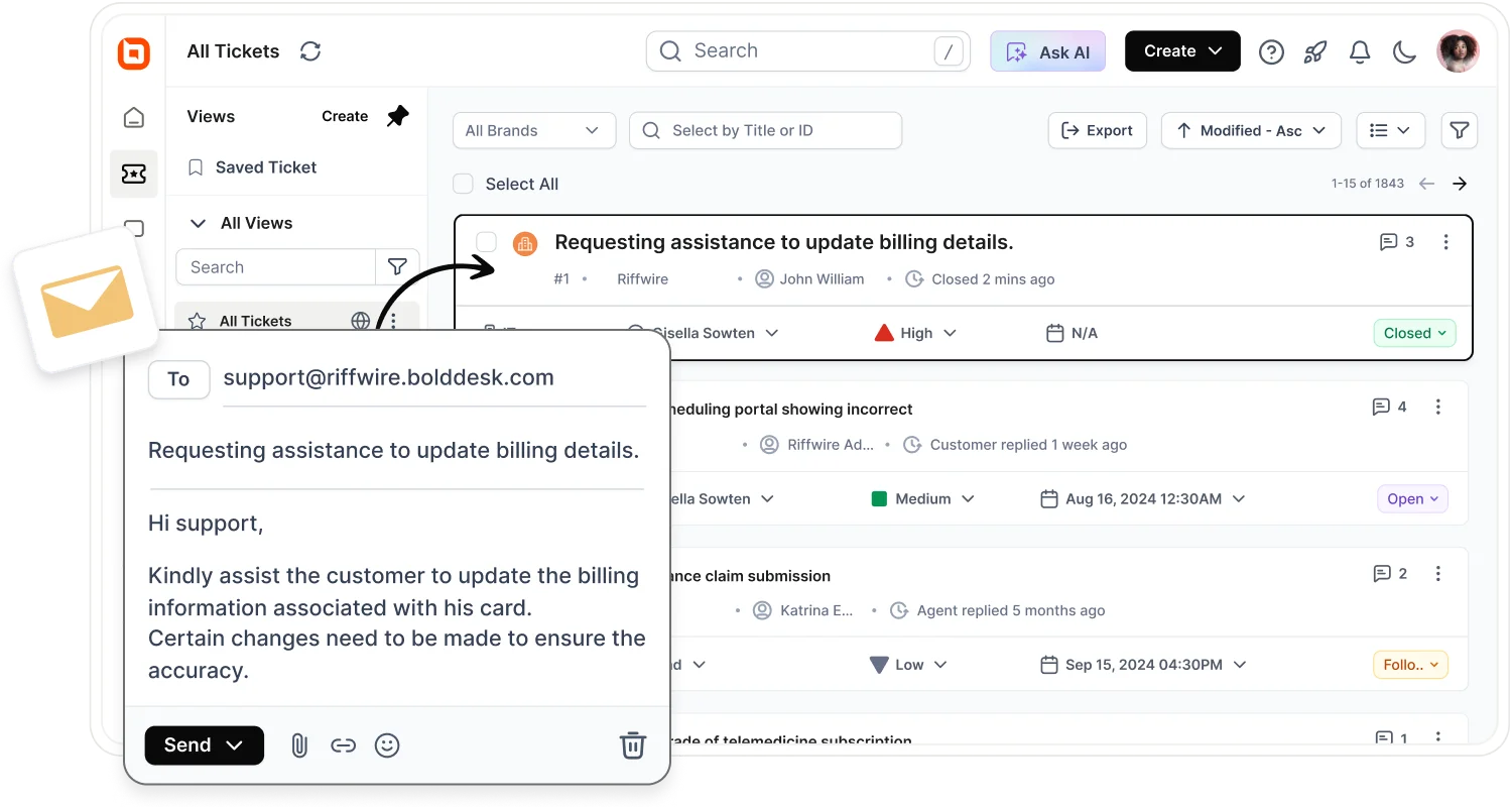 BoldDesk help desk interface showing an email converted into a support ticket for streamlined ticket routing