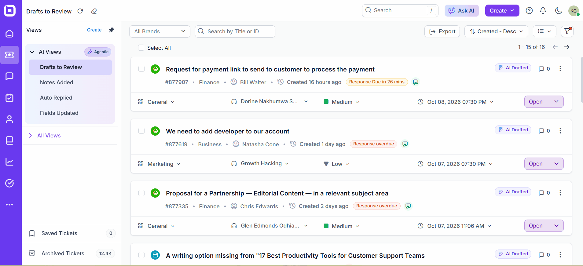 AI Views and AI activity indicators in the ticket list