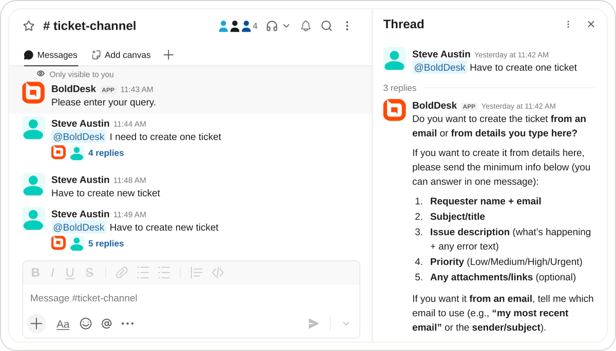 BoldDesk AI Agent in a Slack ticket channel thread, asking a support agent for the details it needs to create a new ticket.