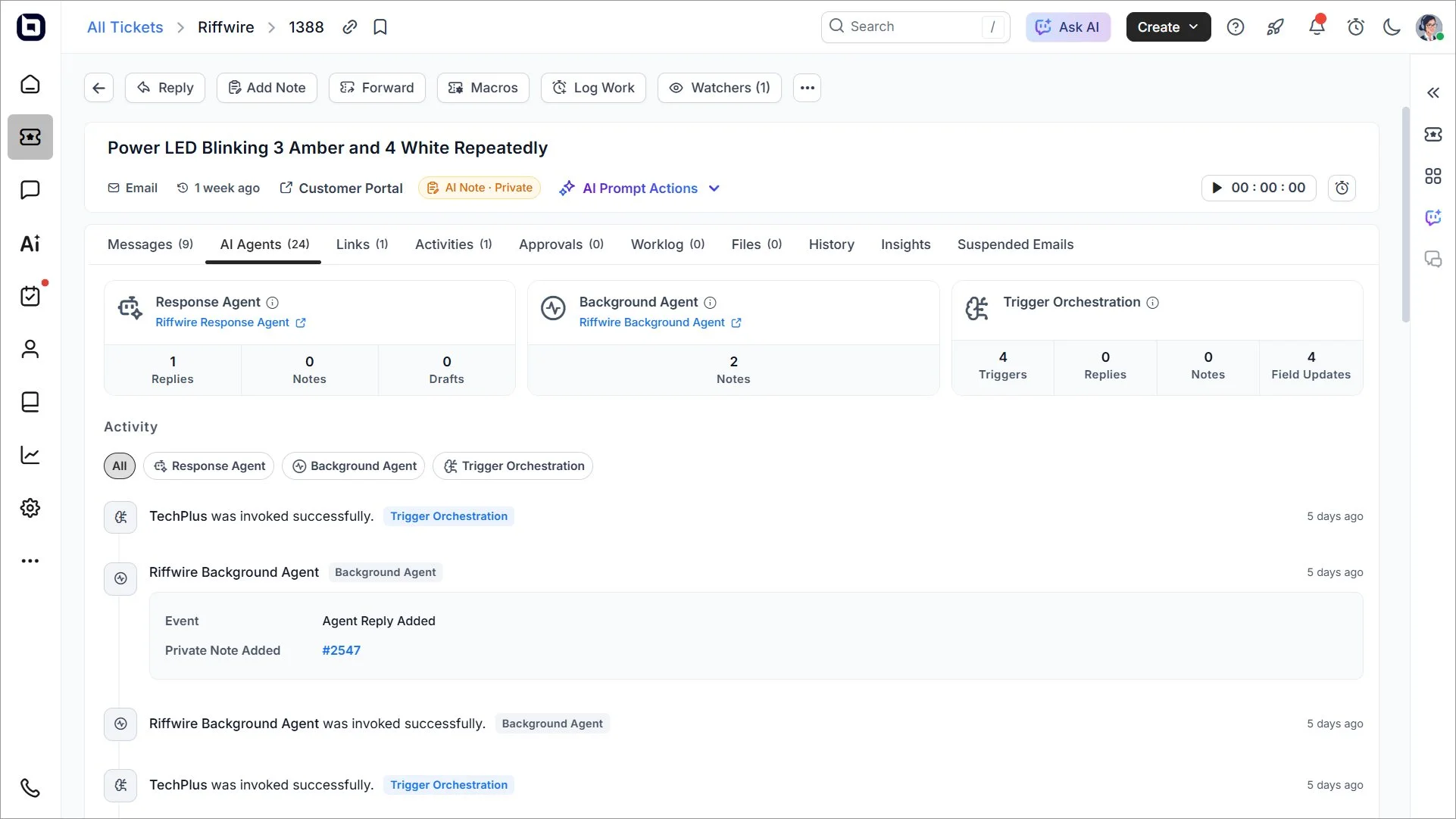 BoldDesk AI Agents dashboard showing ticket activity, response and background agents, workflows, approvals, and logs.