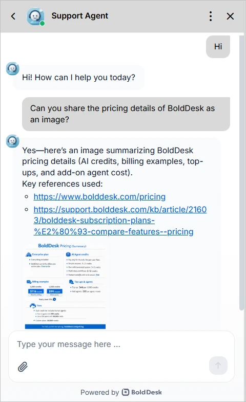 Live chat where the AI agent answers a pricing request with a generated pricing summary image