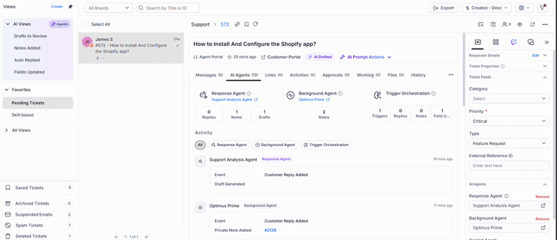AI Agents tab in ticket details showing response agent, background agent, and trigger orchestration activity with a timeline