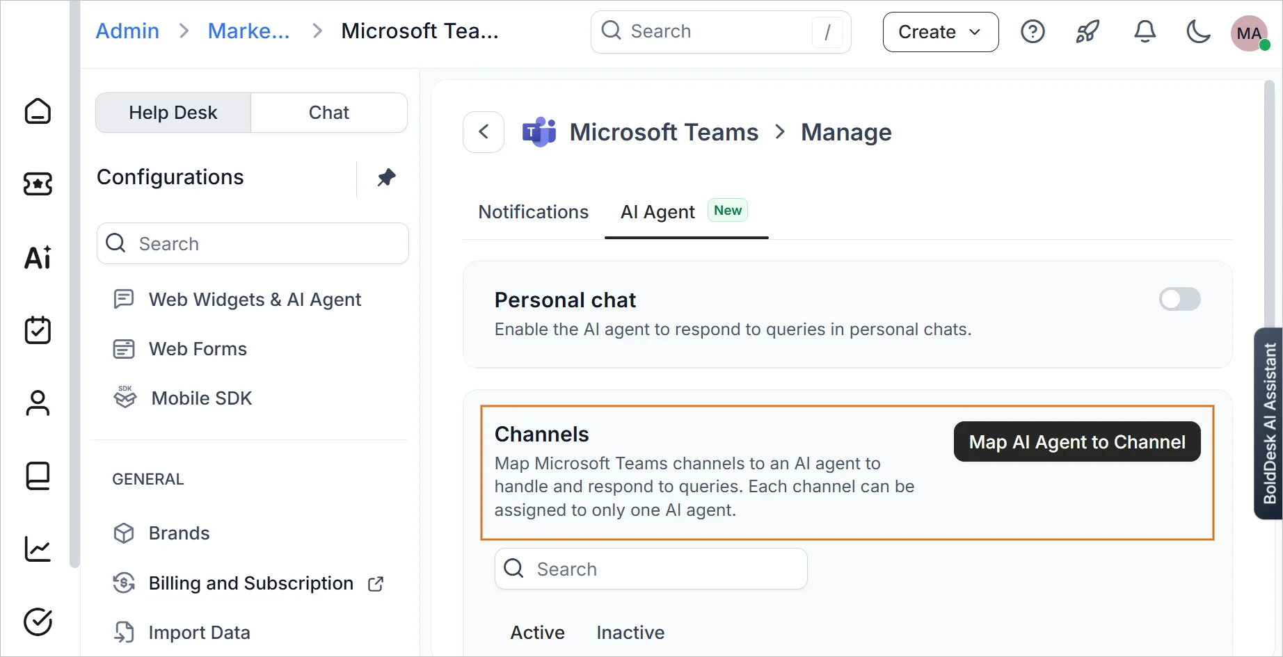 Microsoft Teams AI Agent settings in BoldDesk with a personal chat toggle and an option to map AI agents to channels
