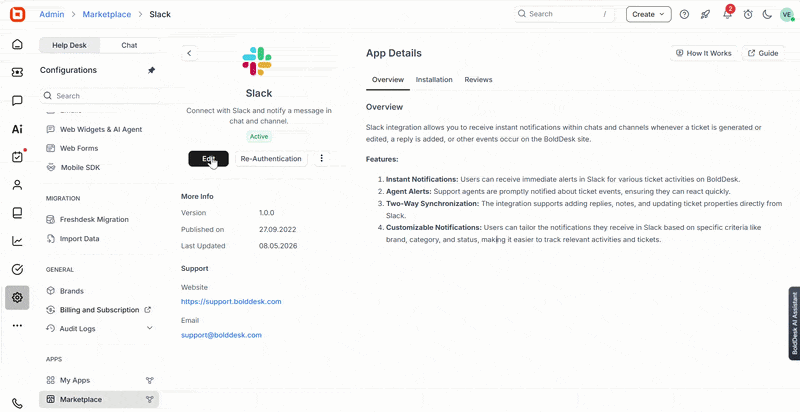 Setting up AI agent for Slack, then creating BoldDesk tickets by messaging the agent in a direct message and a Slack channel
