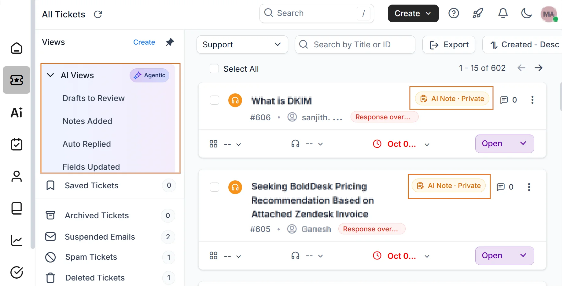 Ticket list showing the AI Views section in the Views panel and AI state indicators on tickets