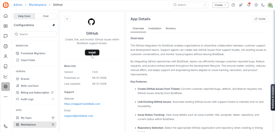 Installing GitHub integration from the BoldDesk Marketplace, then creating and linking GitHub issues from a support ticket