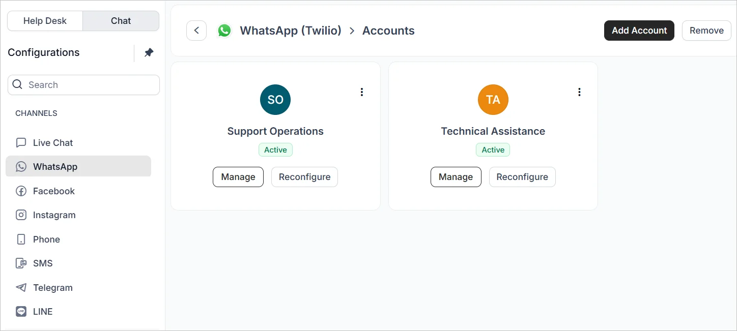 WhatsApp (Twilio) Accounts page showing two accounts, Support Operations and Technical Assistance, with an Add Account option
