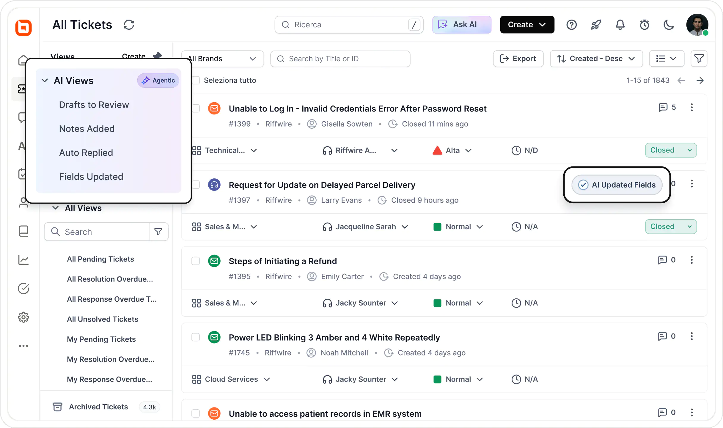 AI ticket management with automated draft reviews, note updates, auto replies, field updates, and status tracking.