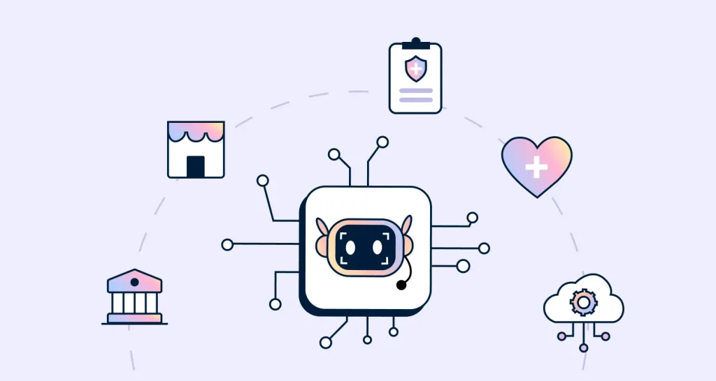 AI customer service by industry graphic showing a central chatbot with healthcare, retail, and banking icons