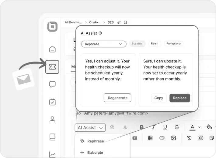 AI customer service in healthcare dashboard showing AI-assisted response suggestions for patient support requests