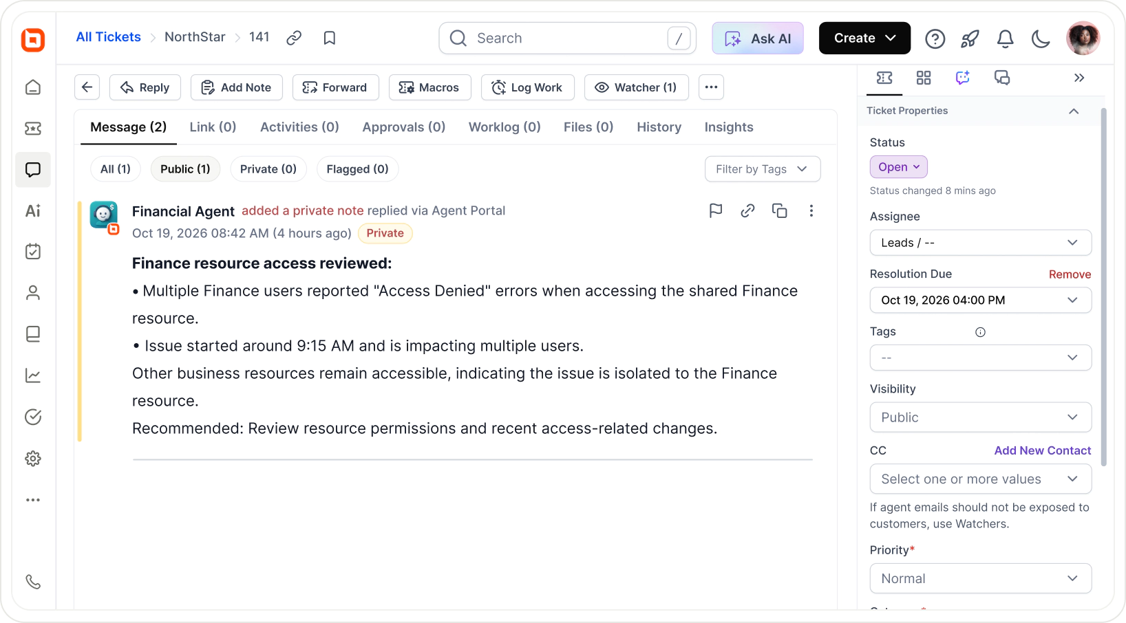 BoldDesk Financial Agent adding a private note that reviews a Finance access issue and recommends next steps