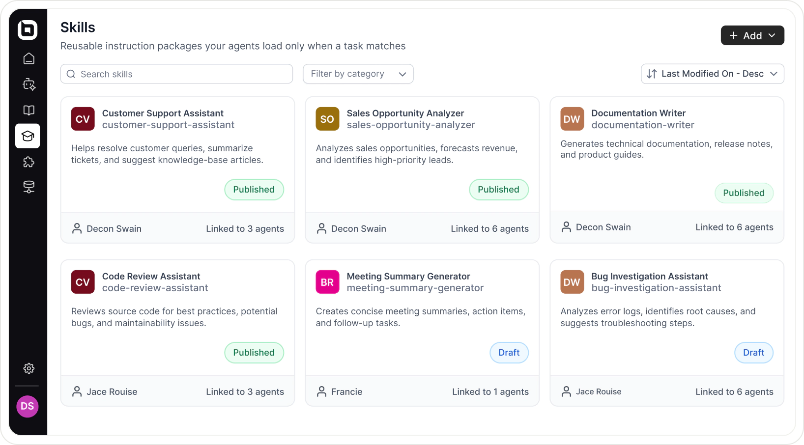 BoldDesk Skills page listing reusable agent skills with their status and number of linked agents