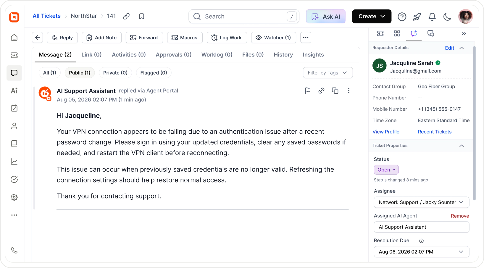 BoldDesk AI Support Assistant replying to a customer ticket about a VPN sign-in failure after a password change